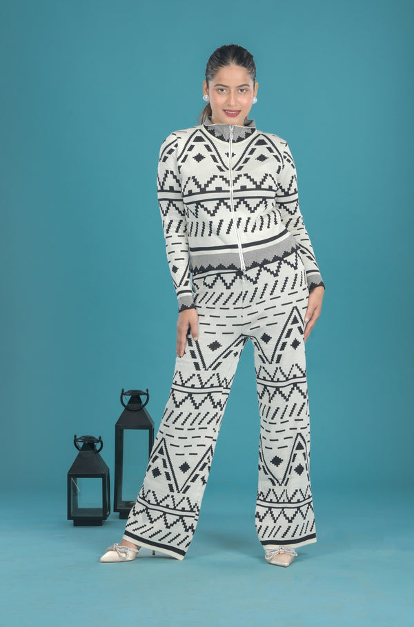 Front Zip Collared Neck Printed Winters Co-Ord set