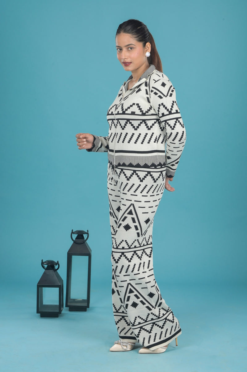 Front Zip Collared Neck Printed Winters Co-Ord set