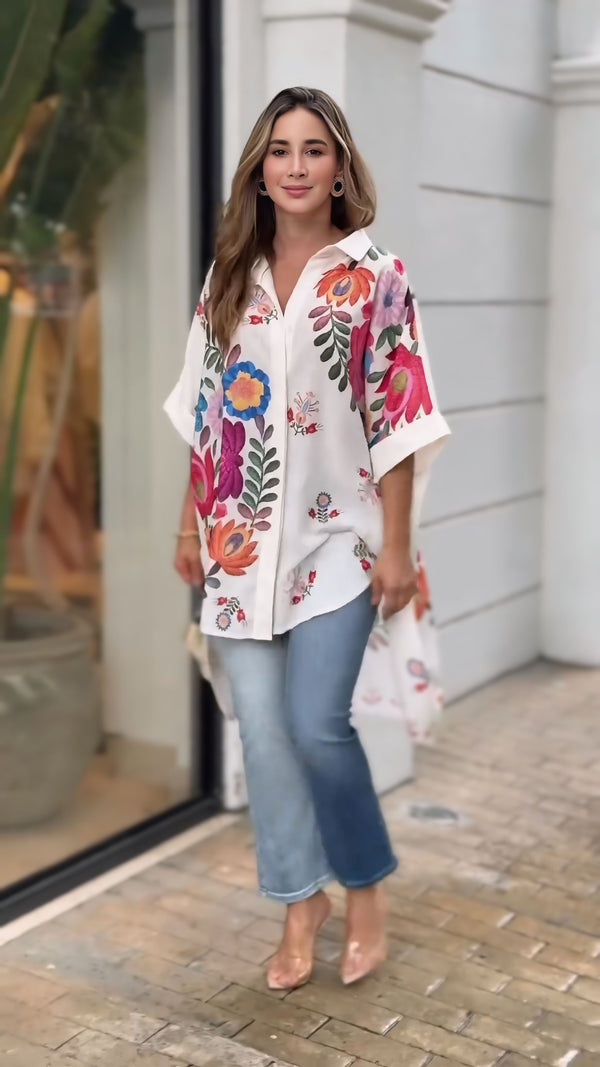 Chic Flower Design Printed Shirt for Women